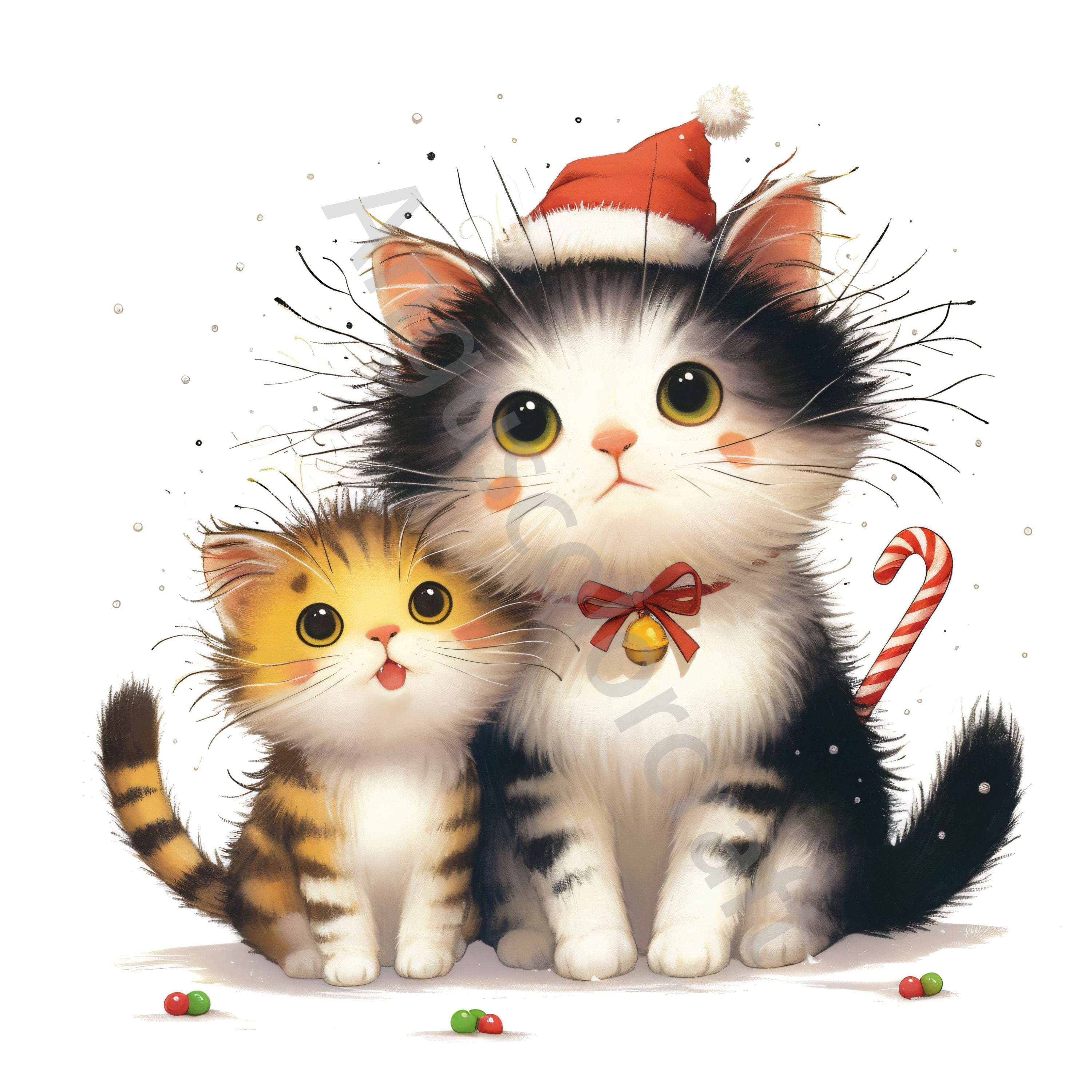 10 Christmas Cats Clip Art Watercolor Clipart Jpgs, Junk Journaling ...