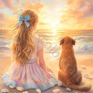 10 JPG Ragazza con cane Clipart, uso commerciale, effimera stravagante, acquerello spiaggia tramonto paesaggio Clipart, download immediato, artigianato di carta