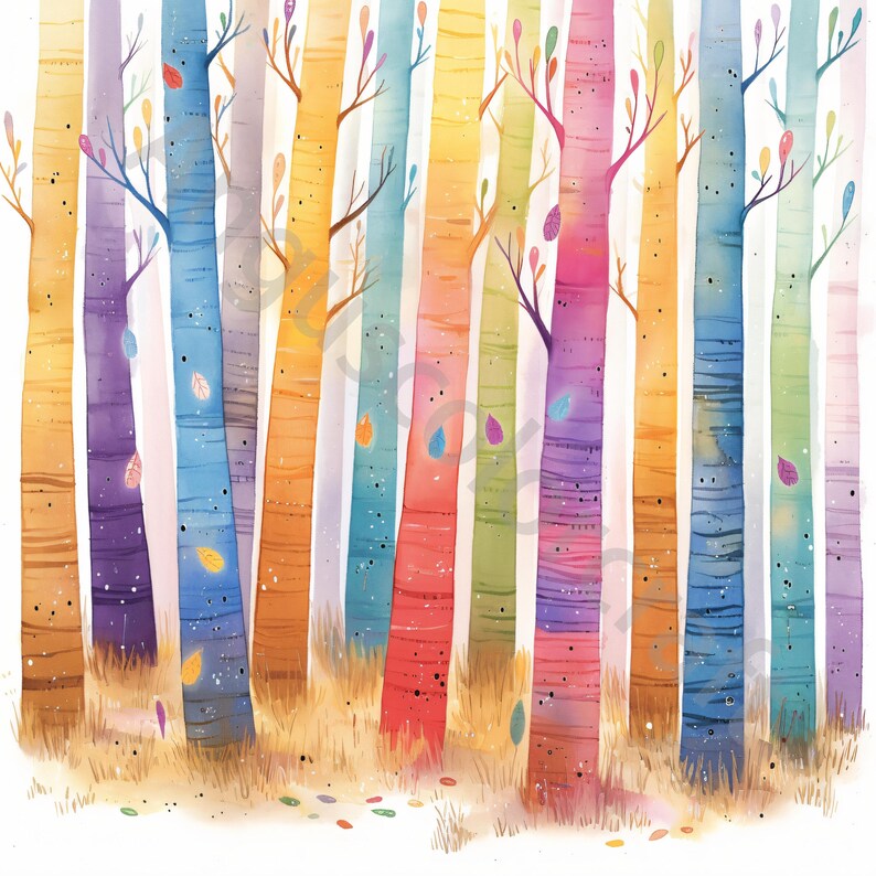 Pu&ograve; includere: Un dipinto ad acquerello di una foresta di alberi colorati. Gli alberi sono dipinti in tonalit&agrave; di viola, blu, verde, giallo, arancione e rosso. Gli alberi sono tutti di altezze e larghezze diverse e sono disposti in uno schema casuale. Lo sfondo &egrave; una tela bianca.