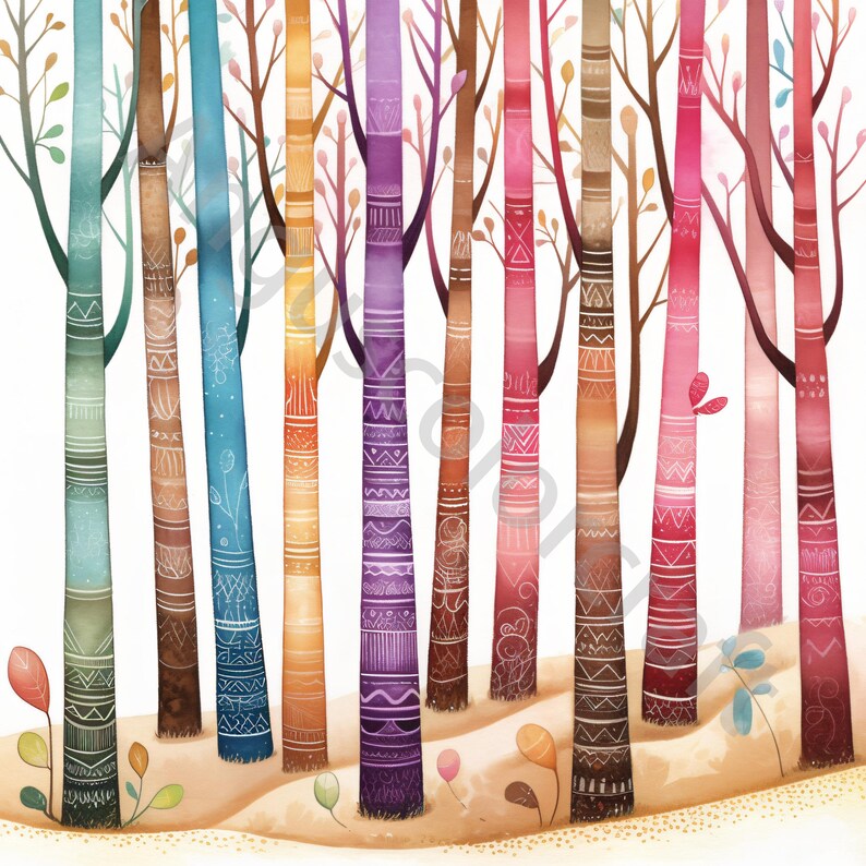 Pu&ograve; includere: Un dipinto ad acquerello di una foresta con alberi colorati. Gli alberi sono dipinti in tonalit&agrave; di blu, verde, viola, arancione e rosa. Gli alberi hanno una variet&agrave; di motivi e disegni dipinti su di essi.