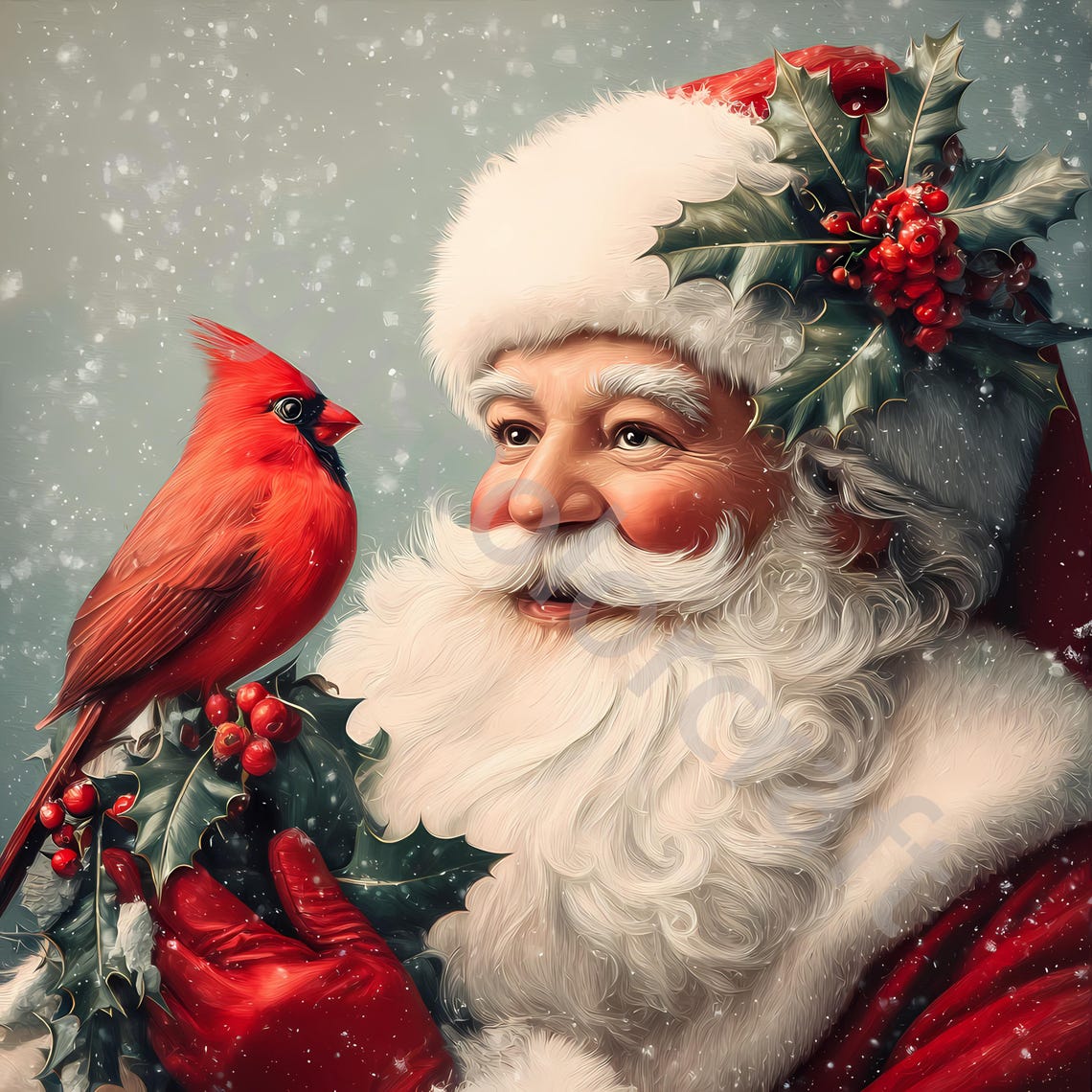 Vintage Santa With Cardinal Clip Art, Watercolor Clipart 10 JPG, Junk ...