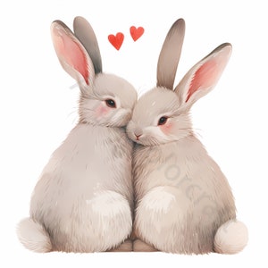13 lindo paquete de imágenes prediseñadas de conejito de pareja de acuarela, conejo con decoración de vivero de corazón JPG, descarga instantánea de arte digital de alta calidad, San Valentín