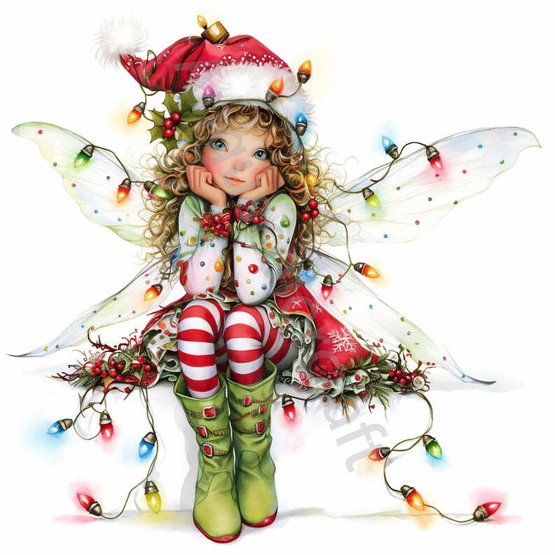 May include: A Christmas fairy with red and white striped stockings, a red and white dress, and a Santa hat sits on a white surface with a string of colorful lights wrapped around her.
