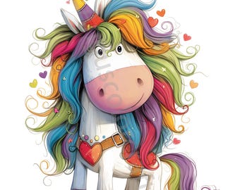 Könnte beinhalten: Ein weißes Einhorn mit einer Regenbogenmähne und einem Regenbogen-Schwanz, das einen Partyhut und einen braunen Ledergürtel mit einem roten Herzen trägt. Das Einhorn ist von kleinen roten Herzen umgeben.