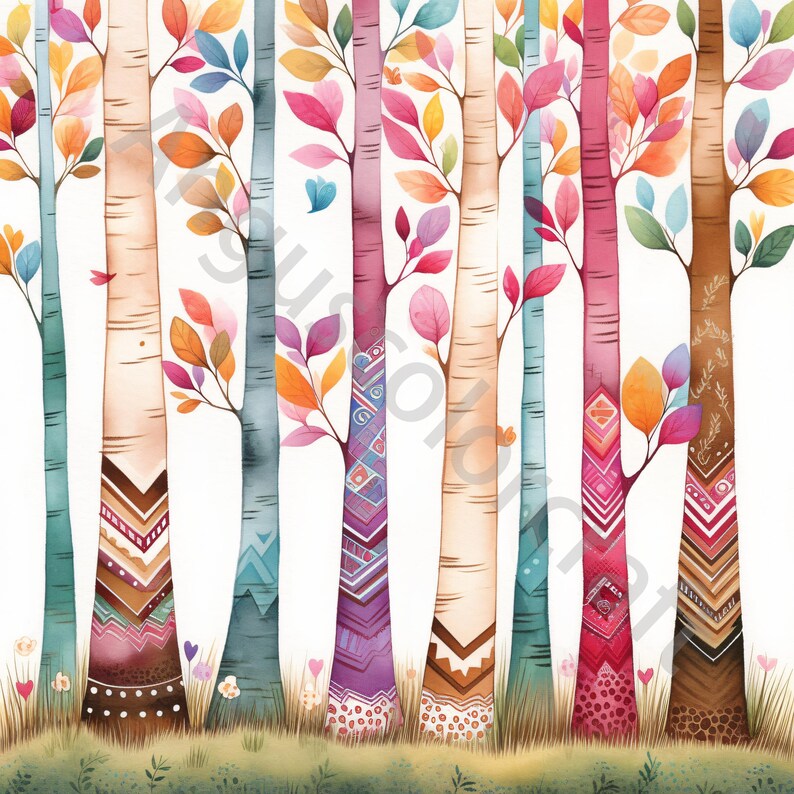 Pu&ograve; includere: Un dipinto ad acquerello di una foresta con alberi colorati. Gli alberi hanno uno sfondo bianco con motivi e disegni colorati. Le foglie sono un mix di arancione, giallo, rosa e verde.