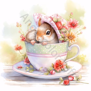 Clipart écureuil, images maison de tasse de thé écureuil mignon, 13 cliparts aquarelle, fichiers JPG imprimables, téléchargement immédiat, usage commercial, créations en papier