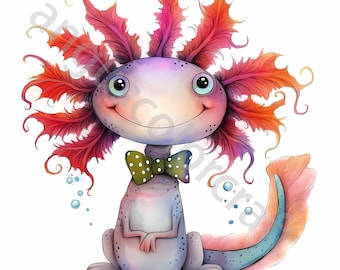 May include: A whimsical illustration of an axolotl with a friendly expression. The creature features a purple and blue body, a green polka-dot bow tie, and vibrant red and orange feathery gills. Bubbles float around the axolotl, and the overall style is cartoonish.