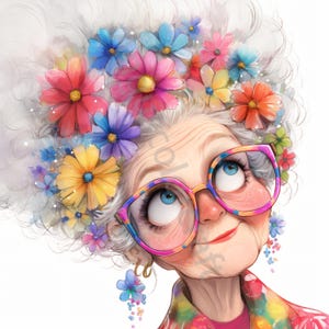 10 Clip Art décalé vieille femme, aquarelle Clipart JPG, Junk Journal, scrapbooking, fabrication de cartes, téléchargement numérique, grand-mère bohème lunatique fantastique