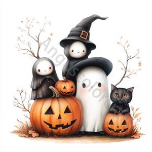 Lot de 10 cliparts aquarelle famille fantôme d'Halloween fantôme mignon Clipart fantôme mignon Halloween Clipart Halloween mignon citrouille Clipart chat
