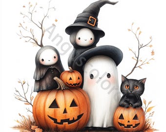 Può includere: Un gruppo di personaggi di Halloween, tra cui un fantasma, una strega e un gatto nero, sono riuniti intorno a zucche. Il fantasma indossa un cappello nero e la strega indossa una tunica nera. Il gatto è seduto sopra una zucca.