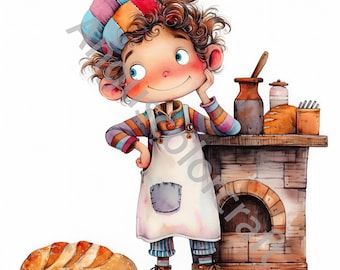 Baker Woman Clipart, Watercolor Pastry Chef, Bakery Kitchen Art (digital Download)