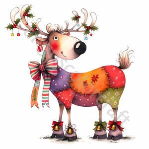May include: A colourful illustration of a Christmas reindeer with a patchwork body. The reindeer has antlers decorated with holly and baubles, a striped bow, and bells on its hooves. The design is festive and cheerful, perfect for the holiday season.
