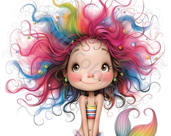 13 Quirky Mermaid Clipart, Commercial Use, Whimsical Ephemera, Watercolor JPG Instant Download, Fantasy Junk Journal, Paper Craft, Cute Doll