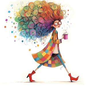 12 Clipart di donne stravaganti, donna con caffè, uso commerciale, effimere stravaganti, acquerello JPG, download immediato, diario spazzatura, artigianato di carta