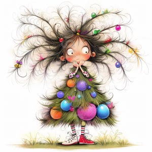 Eigenzinnige kerstboom illustraties 13 aquarel jpg's, junkjournaling, scrapbooking, kaarten maken, digitale downloadkit, eigenzinnige meisje clipart