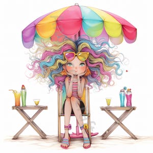 10 Clip Art di ragazza eccentrica sulla spiaggia, Clipart acquerello JPG, Giornalismo spazzatura, Album di ritagli, Creazione di biglietti, Download digitale Fantasia stravagante Estate