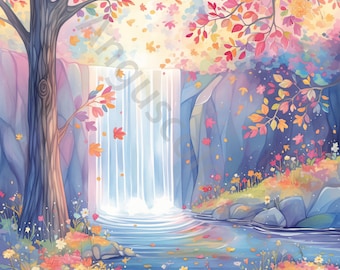 10 JPG Magical Waterfall Clip art, Watercolor Clip art, Junk Journal, Scrapbook, Card Making, Digital Download, Fantasy Whimsical Landscape