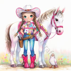 Puede incluir: Una niña pequeña con un sombrero de vaquero rosa y una camisa colorida está de pie junto a un caballo blanco. Lleva una pistola de juguete en una funda. Un pequeño pájaro blanco está de pie en el suelo frente a ellos.