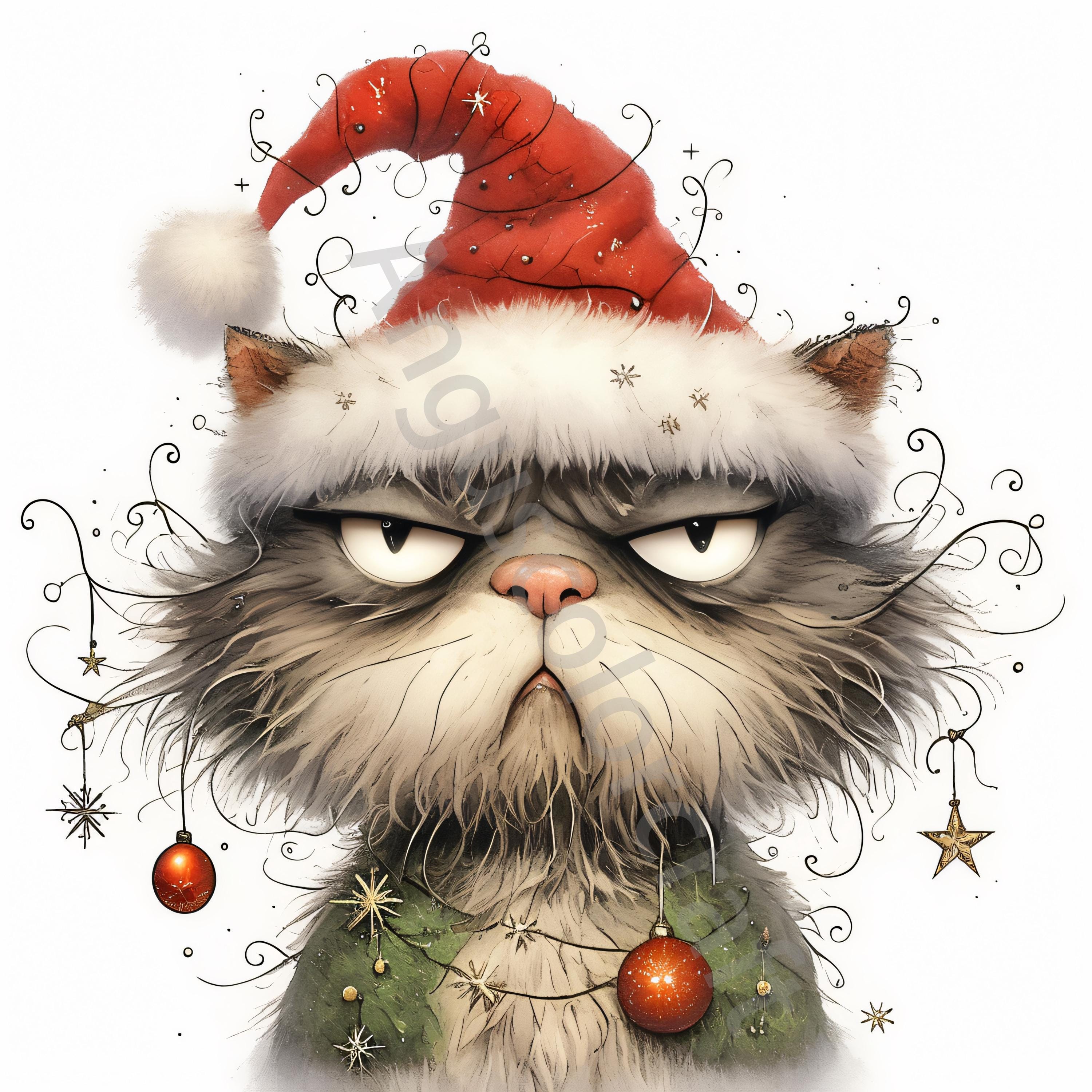 クリスマス猫の水彩画 水彩サンタ猫のクリップアート：気まぐれなクリスマス JPG 素材（JPG
