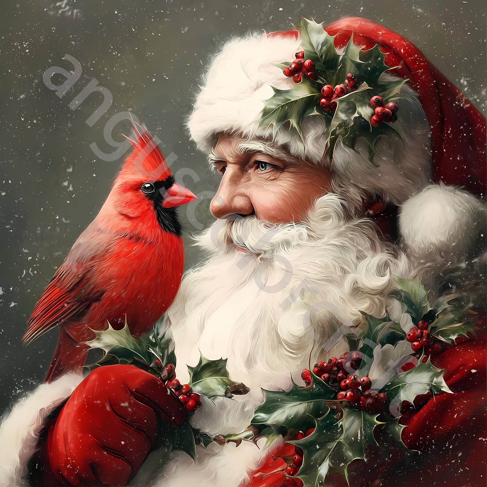 Vintage Santa With Cardinal Clip Art, Watercolor Clipart 10 JPG, Junk ...
