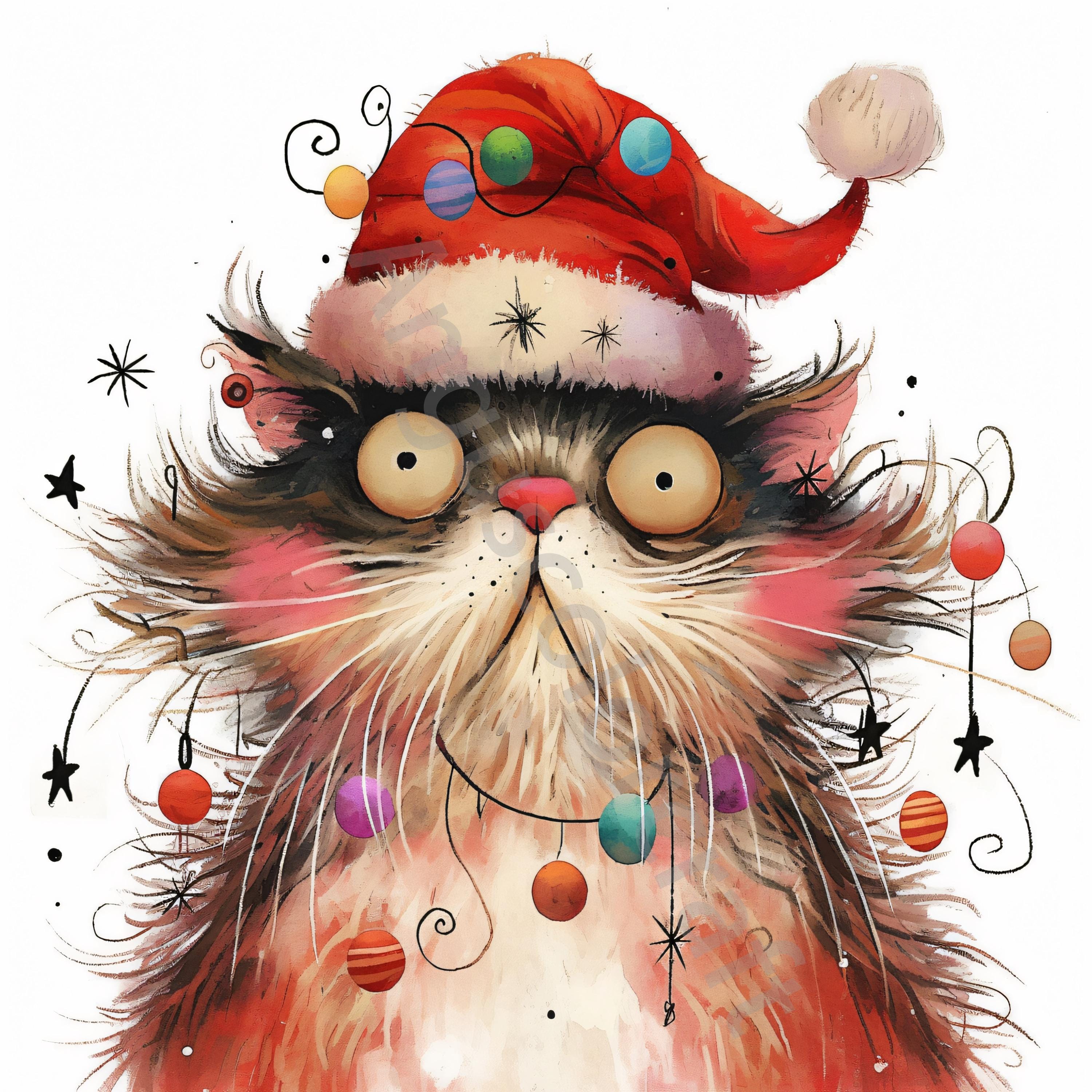 水彩サンタ猫のクリップアート：気まぐれなクリスマス JPG 素材（JPG