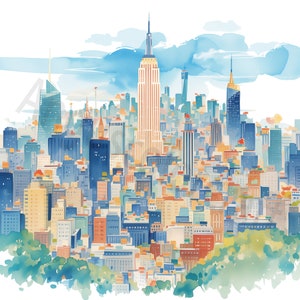 Clipart acquerello New York City, 16 immagini di alta qualità, pacchetto clipart New York City, decorazioni per la casa, pareti, arte, stampabili, uso commerciale