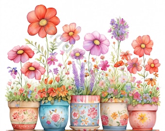 15 Cute Whimsical Flower Clipart, Row of Flowers Clipart, High Res JPG, Digital Download, Watercolor Clipart, Printables, Commercial License