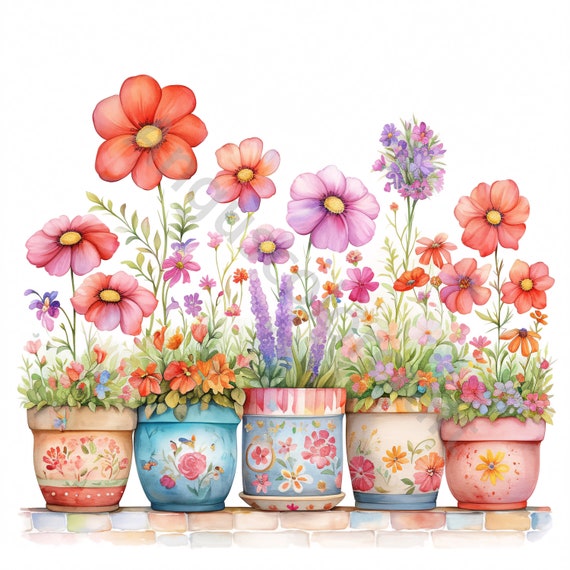 15 Cute Whimsical Flower Clipart, Row of Flowers Clipart, High Res JPG, Digital Download, Watercolor Clipart, Printables, Commercial License