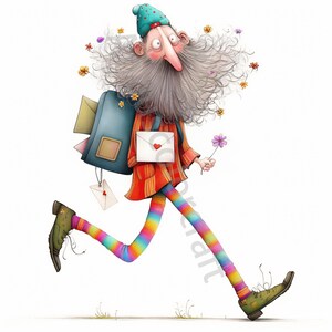 11 eigenzinnige postbode illustraties, aquarel clipart JPG, ongewenste journaling, plakboek, kaarten maken, digitale download, fantasie, grillige postbode