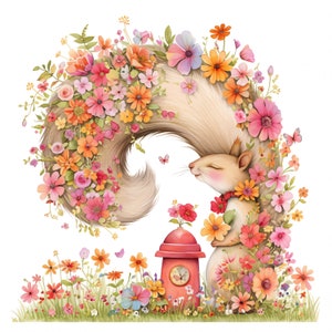 13 cliparts écureuil caché dans une fleur, éphémères fantaisistes, images clipart aquarelle JPG, usage commercial, journal indésirable fantastique, créations en papier