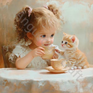 10 JPGs Tea Time Clipart, Uso Comercial, Ephemera Caprichoso, Pintura a Óleo, Aquarela Menina com Gato Clip art, Download Instantâneo, Papel Artesanal