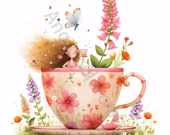 May include: A whimsical illustration of a girl sitting in a pink teacup with a floral pattern. The teacup is surrounded by a variety of flowers, including pink foxgloves, purple bellflowers, and yellow wildflowers. The girl is holding a small cup of tea and has a flower crown on her head.