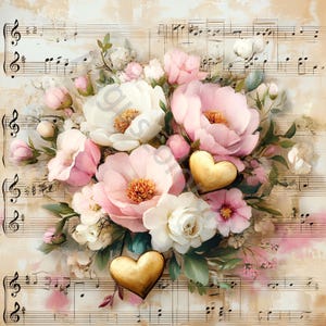 Peut inclure: Un bouquet de fleurs roses et blanches avec des accents de c&oelig;ur dor&eacute;s sur un fond de partition de musique vintage.