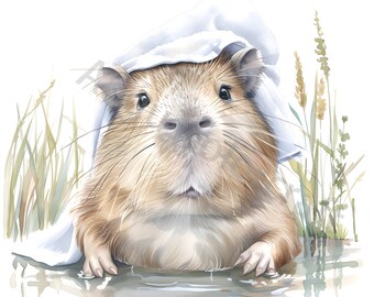 水彩画で水浴びをするカピバラのクリップアート15点、商用利用可、気まぐれな一時的作品、水彩画クリップアートJPG即時ダウンロード、ジャンクジャーナル、クラフト