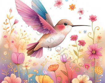 10 JPG Quirky Hummingbird Clip art, Watercolor Clip art, Junk Journal, Scrapbook, Card Making Digital Download Fantasy Whimsical Flower Bird