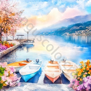 10 JPG Clipart del lago di paesaggio di montagna, ClipArt di acquerello di paesaggio del lago di montagna, Clipart di paesaggio del porto, creazione di cartoline, Scrapbooking
