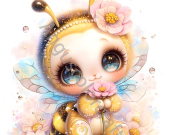 May include: A cute cartoon bee with large blue eyes and a pink flower in its hand. The bee is wearing a yellow and black striped costume with a pearl necklace and a pink flower on its head. The background is a soft watercolor wash of pink and blue.