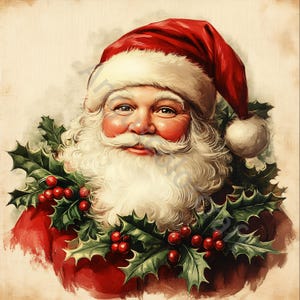 10 JPG vintage Père Noël avec houx Clipart Bundle, Clipart père Noël aquarelle, journal indésirable, scrapbooking, travaux manuels, téléchargement numérique, Noël