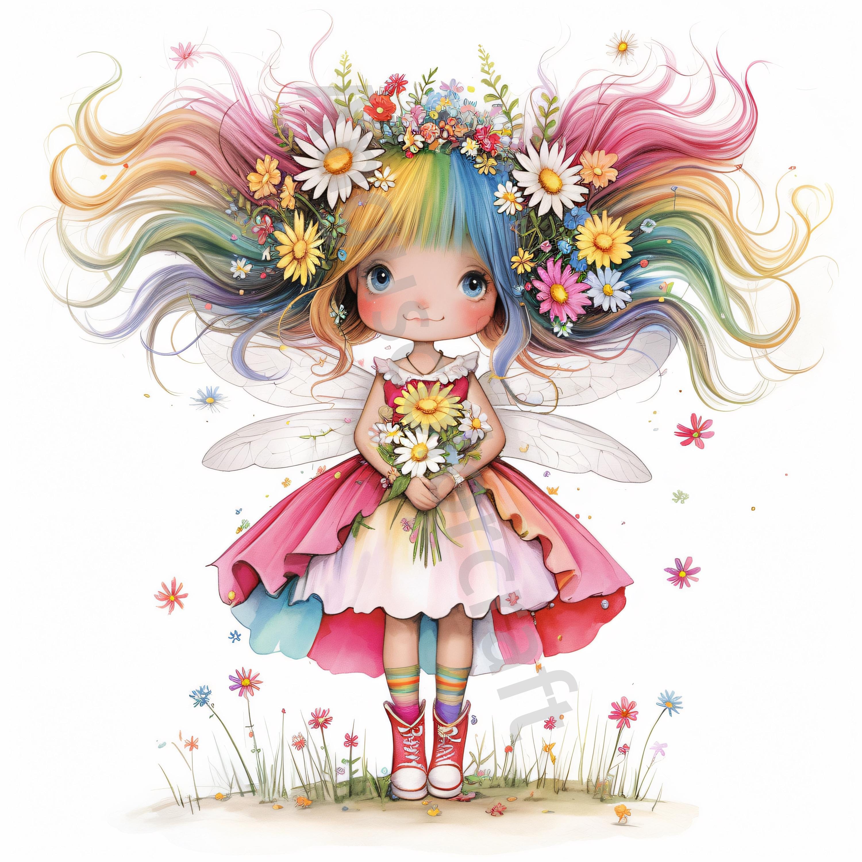 12 Quirky Flower Fairy Clip Art, Watercolor Clipart JPG