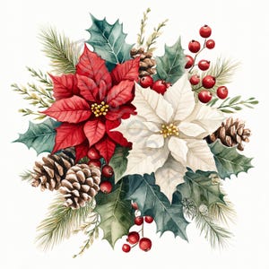 Kit de clipart de buquê de poinsétias com 10 cliparts de Natal em aquarela JPG, caprichoso, diário de sucata, álbum de recortes, artesanato, download digital