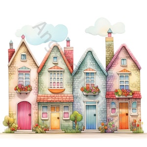 Whimsical Row Houses Clip Art Bundle 11 Clipart ad acquerello ad alta risoluzione JPG per Junk Journaling, Scrapbooking, Card Making, Kit di download digitale