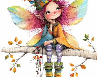 May include: A whimsical fairy with pink hair and rainbow wings sits on a birch branch with autumn leaves. She wears a colorful knitted hat, a yellow and orange dress, and striped tights.