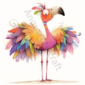 May include: A cartoon flamingo with a colorful feathered body and a bright pink head and legs. The flamingo has a large, round eye and a long, thin beak.