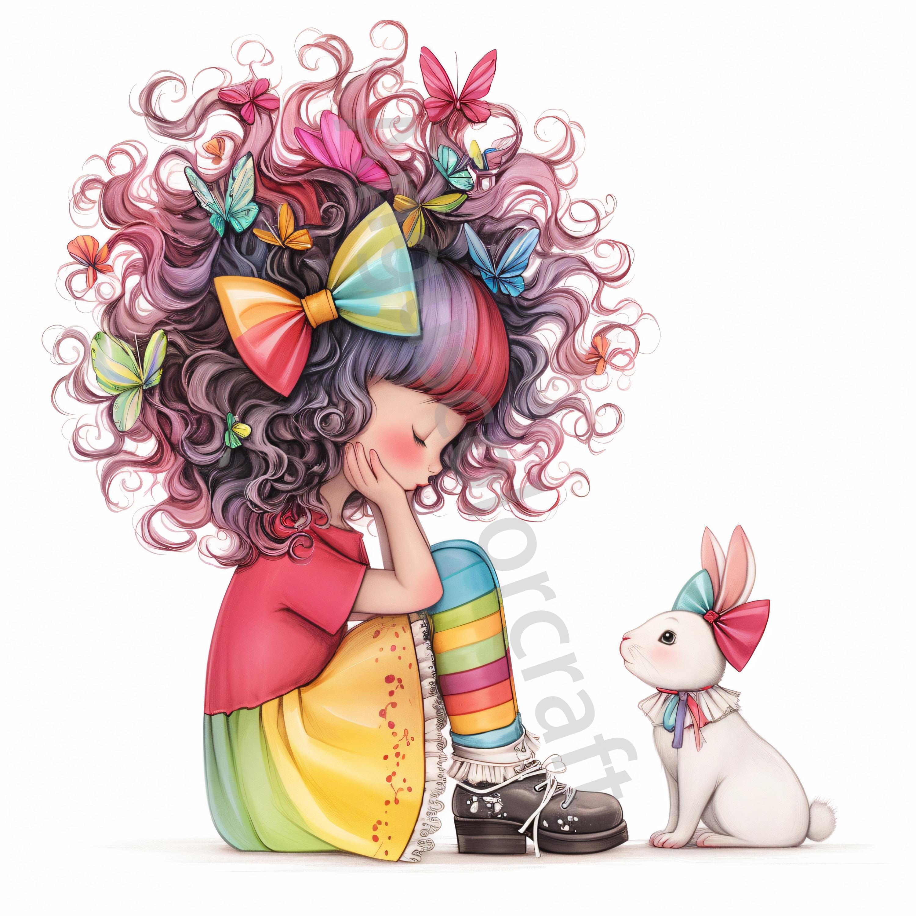 10 Quirky Girl With Bunny Clip Art, Commercial Use, Whimsical Ephemera ...