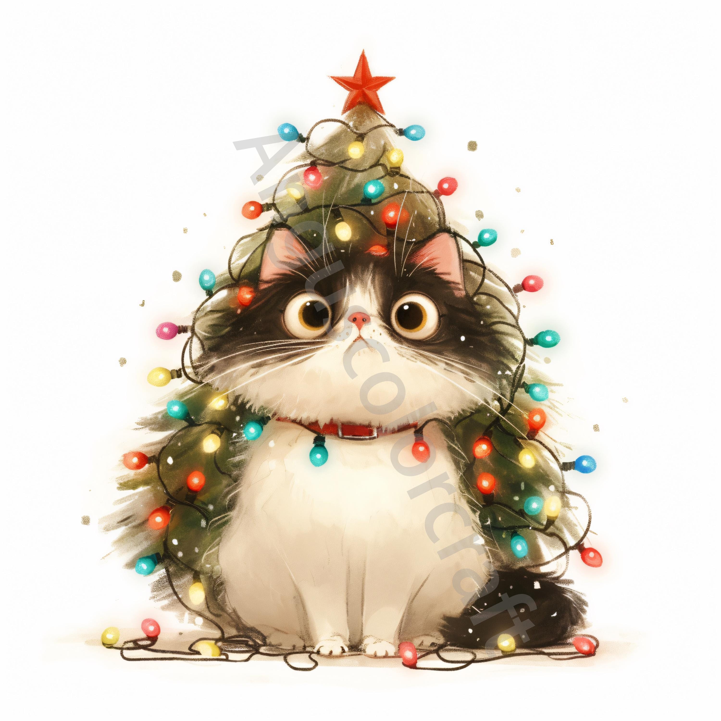 クリスマス猫の水彩画 10 JPG 風変わりな猫のクリスマスツリー クリップ アート、水彩画