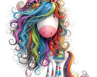 May include: A white horse with a rainbow mane and tail. The horse has pink hooves and is wearing colourful socks. The horse is standing on a white background.