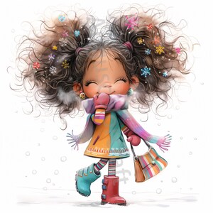 Pode incluir: Uma ilustra&ccedil;&atilde;o de desenho animado de uma menina com cabelo castanho encaracolado usando um cachecol colorido, um vestido azul e amarelo e botas vermelhas. Ela est&aacute; segurando uma bolsa de m&atilde;o listrada e tem flocos de neve no cabelo.
