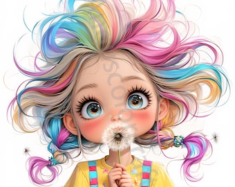 12 JPGs Quirky Dandelion Girl Clipart, Commercial Use, Whimsical Ephemera, Watercolor Flower Girl Clipart, Instant Download, Paper Craft