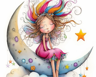 May include: A whimsical illustration of a fairy with rainbow hair sitting on a crescent moon. The fairy has closed eyes and is wearing a pink dress. The moon is decorated with stars and other celestial elements.