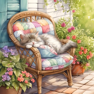 Clipart jardin, clipart chat endormi, lot de 10 JPG aquarelle de haute qualité pour la journalisation indésirable, scrapbooking, travaux manuels, téléchargement numérique, chaton